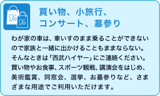 買い物、小旅行、コンサート、墓参り